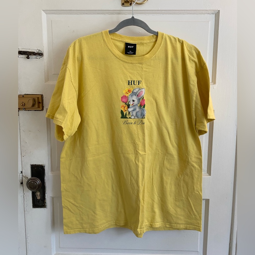 HUF Yellow Tee with Bunny and Floral Print Limited Edition Size XL